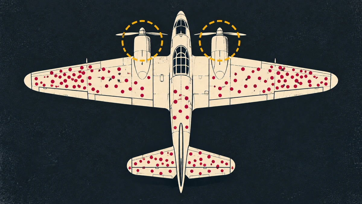 Simple bomber outline with scattered damage marks and empty engine areas, illustrating survivorship bias in data