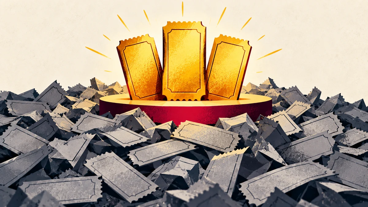 A few golden tickets standing out from a large pile of discarded tickets, illustrating IPL auction survivorship bias