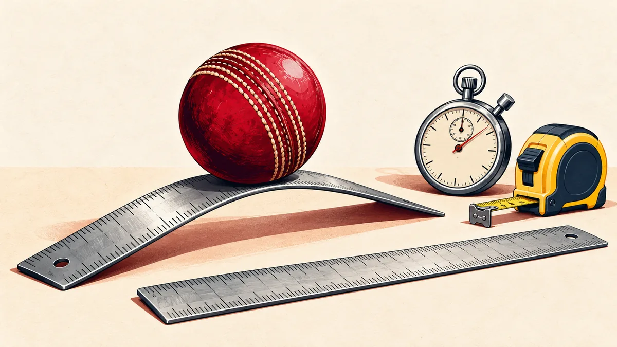 A cricket ball resting on a bent steel ruler beside a straight ruler, illustrating Jasprit Bumrah's unorthodox bowling action