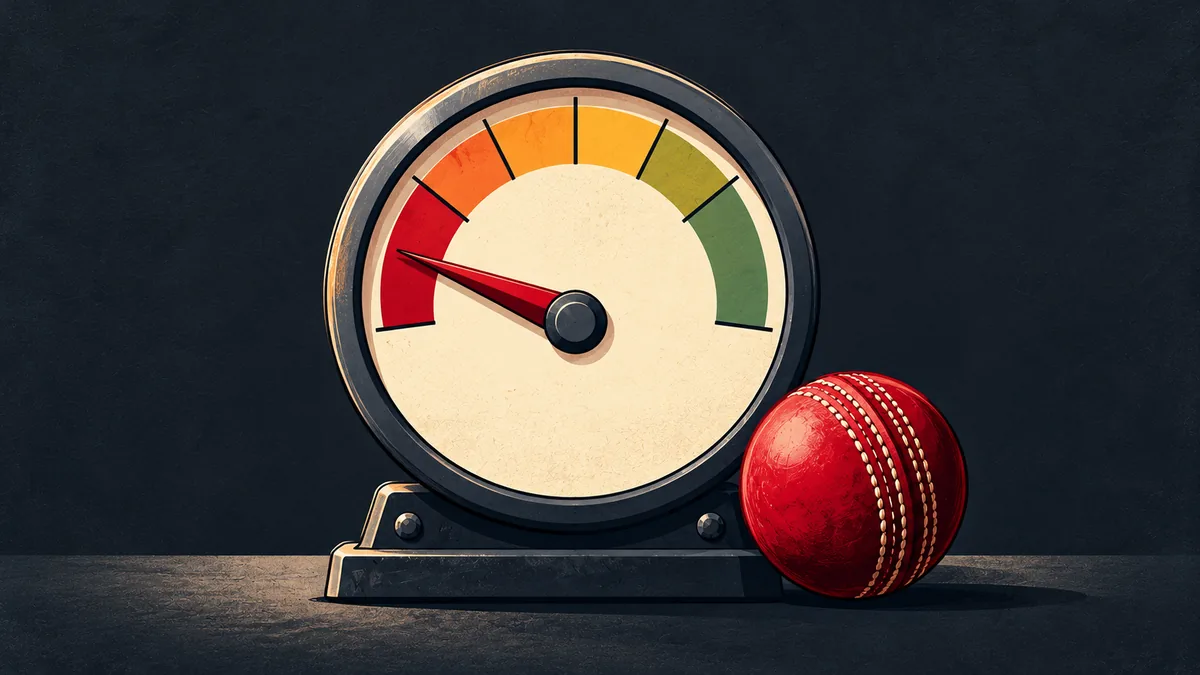 A dial gauge with its needle between full and empty beside a cricket ball, illustrating workload management for fast bowlers