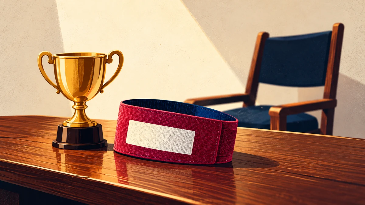 A blank captain's armband beside a small gold trophy on a wooden table, illustrating Rohit Sharma captaincy lessons