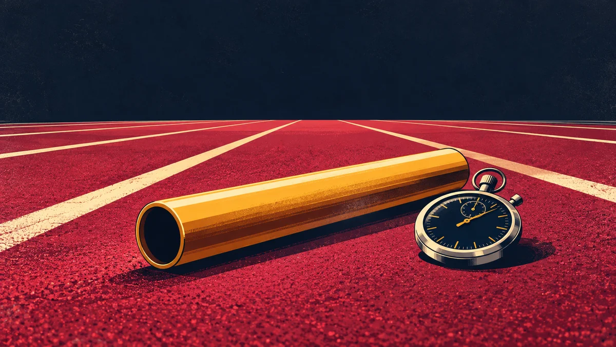 A relay baton lying on a running track lane with a stopwatch, illustrating succession planning in leadership roles