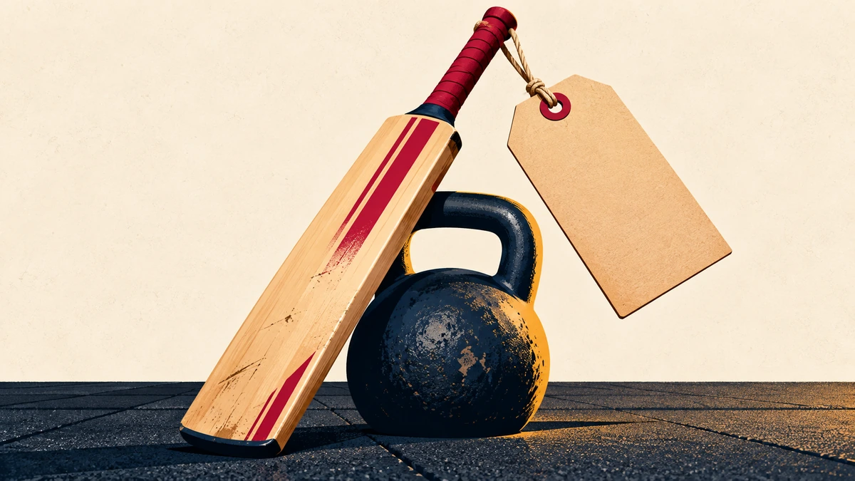 Cricket bat leaning on a kettlebell with a price tag, illustrating Virat Kohli fitness as discipline and brand