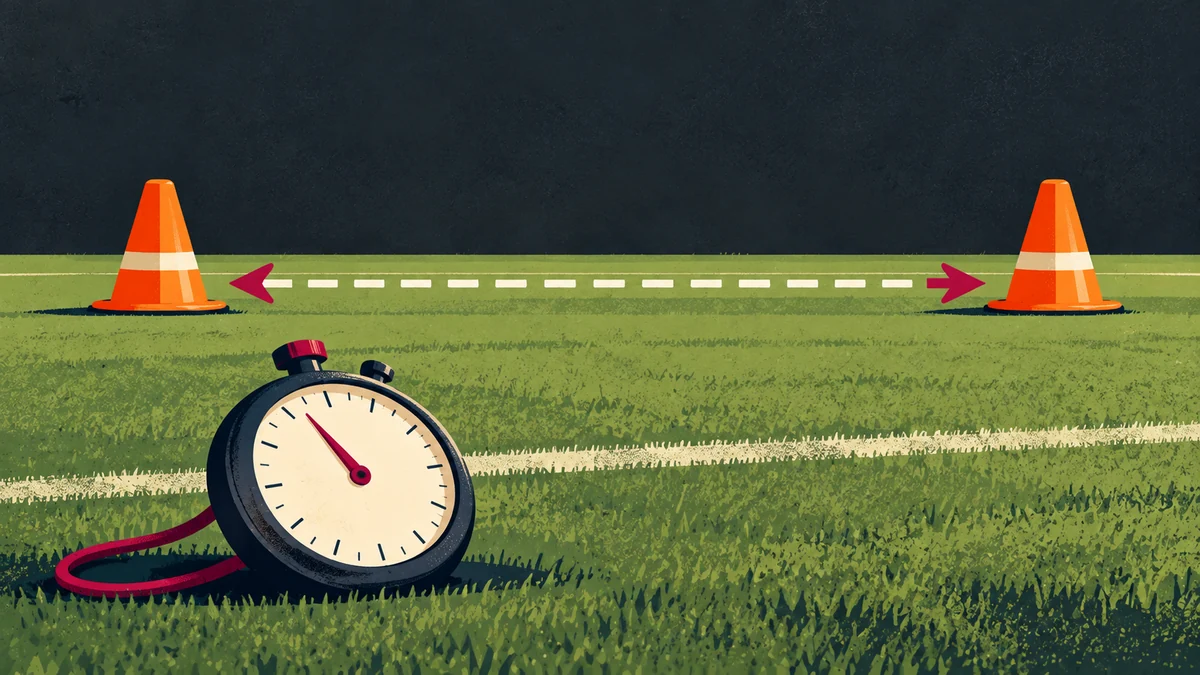 Two marker cones on a grass field with a stopwatch, representing the yo-yo test used in cricket fitness